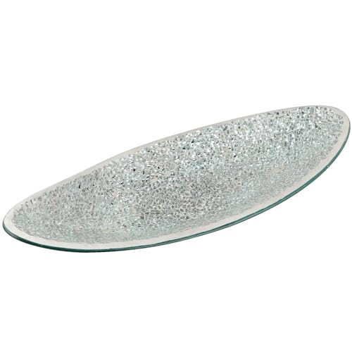 Small Glass Mosaic Decorative Silver Boat Shaped Tray, Living Room Table Centerpiece Bowl, Home Decor Accent Plate for Orbs, Candles, Potpourri