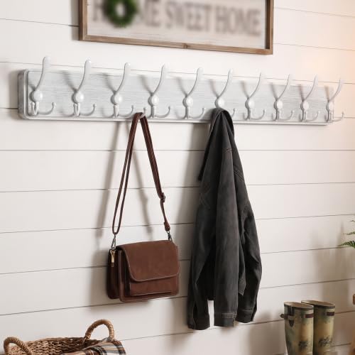 WEBI Coat Rack Wall Mounted,38 9/16" Long,10 Triple Hooks,Wood Coat Hooks Wall Mount,Large Coat Hanger Wall,Hook Rack,Tri Hooks for Hanging Coats,Clothes,Jacket,Entryway,Rustic White,2 Packs - color: White/White, size: 10 Hooks(2 Packs)