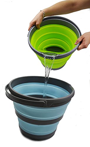 SAMMART 10L (2.6 Gallon) Collapsible Plastic Bucket - Foldable Round Tub - Portable Fishing Water Pail - Space Saving Outdoor Waterpot, Size 33cm Dia (Dark Grey/Fluorescent Green (Set of 2))