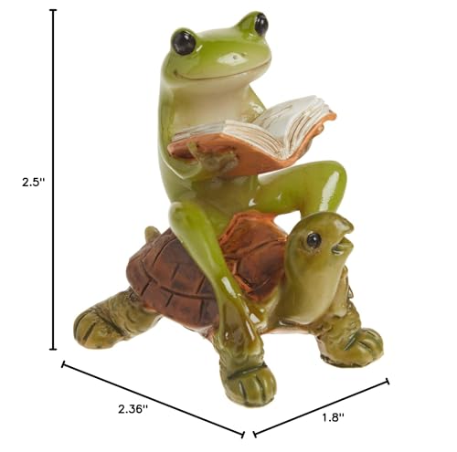Top Collection Miniature Fairy Garden & Terrarium Frog Reading Book on Turtle Statue, Small, Green, Orange