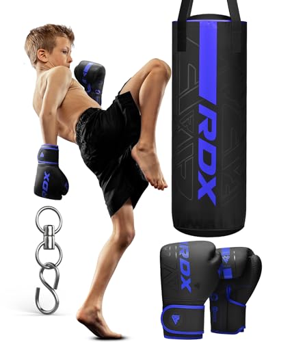 RDX Kids Unfilled Punching Bag Set 2FT, Non Tear Maya Hide Leather Kara Junior Hanging Bag for Kickboxing MMA Muay Thai Taekwondo Karate BJJ Strength Training, Home Gym Equipment - color: BLUE
