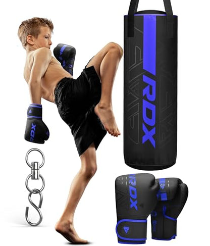 RDX Kids Unfilled Punching Bag Set 2FT, Non Tear Maya Hide Leather Kara Junior Hanging Bag for Kickboxing MMA Muay Thai Taekwondo Karate BJJ Strength Training, Home Gym Equipment - color: BLUE
