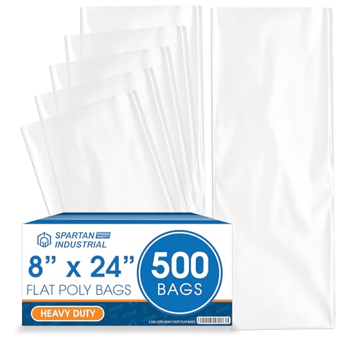 8" X 24" Open-End Flat Clear Poly Bags (500 Count) - 2 Mil Clear Plastic Bags for Packaging, Shipping, Storage - No Adhesive Strip - Spartan Industrial - size: 8” X 24”