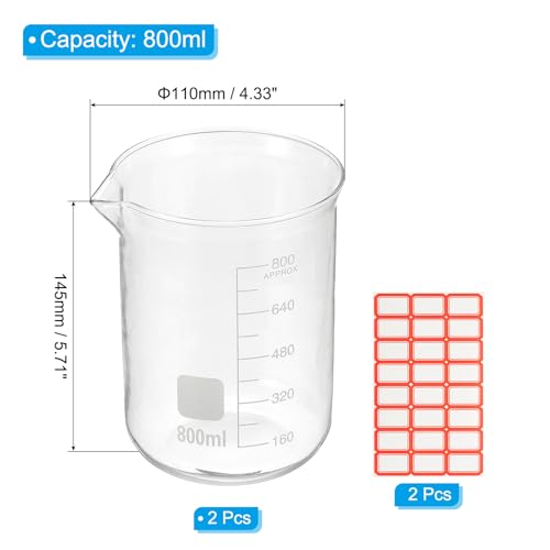 PATIKIL 800ml Glass Beaker, 2 Pack Measuring Glass Beaker Graduated Borosilicate Lab Cups Mug Low Form Heat Safe Transparent with Spout Label for Laboratory Science Kitchen Liquids