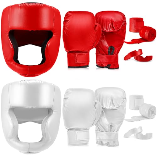 Kanayu 14 Pcs Boxing Gloves and Headgear Set for Beginners Youth 16 Ounce Boxing Gloves Headgear Helmet Hand Wraps Mouth Guards Equipment for Beginners Training Equipment Gifts - color: White, Red
