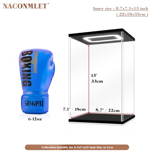 Boxing Glove Display Case with Lights, Clear Acrylic Showcase with Black Base & Holder for Single Glove, Full Size UV Protection Souvenirs & Collectibles Box, Ideal Gift for Boxing Fans