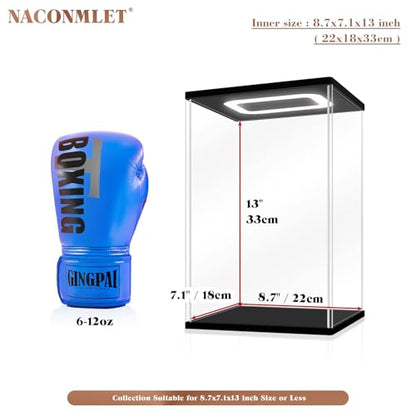 Boxing Glove Display Case with Lights, Clear Acrylic Showcase with Black Base & Holder for Single Glove, Full Size UV Protection Souvenirs & Collectibles Box, Ideal Gift for Boxing Fans