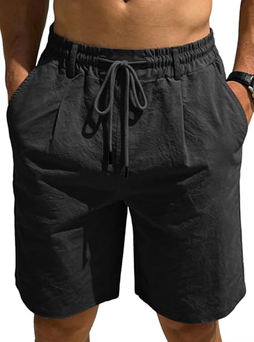 Men's Cotton Linen Shorts 2026 Summer Casual Elastic Waist Drawstring Beach Vacation Yoga Golf Shorts with Pockets - color: Black, size: Medium