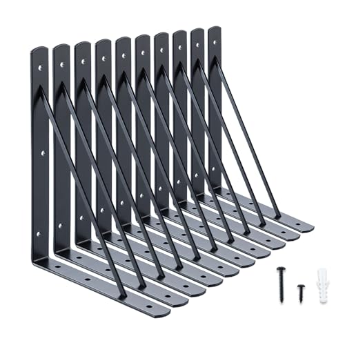 HOME MASTER HARDWARE 10 x 8 in Shelf Brackets, 90 Degree Triangle Wall Mount Angle L Bracket for Floating Shelves, Metal Support w/ Screws, 10 Pack Black - color: Black, size: 10 inch x 8 inch-10pcs