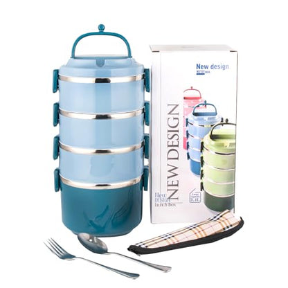 4 Tier Stackable Stainless Steel Lunch Box Sealed(blue, 4 layers) with spoon and fork - color: Blue, size: 4 layers