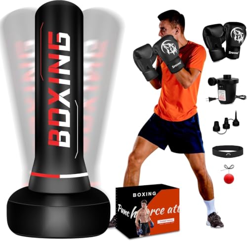 Punching Bag for Adults Teens, 70" Heavy Duty Boxing Bag with Stand | Kickboxing and MMA Muay Thai Training Equipment for Men and Women Beginners - color: Red White Alphabet Pattern