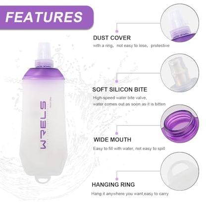 WRELS 200ml/350ml/500ml Collapsible Soft Flask,BPA Free Folding Soft Water Bottle with Hanging Ring,Lightweight TPU Hydration Flask for Running Marathon Cycling Hiking - color: Purple-500ml*1