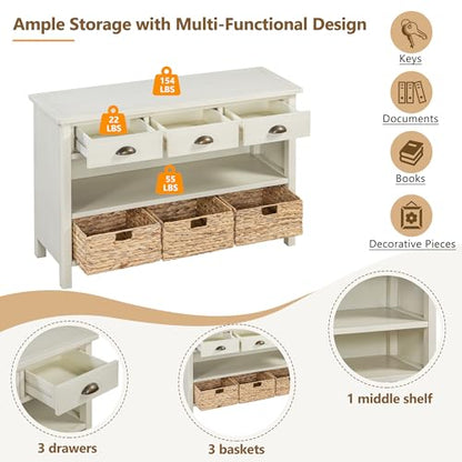Wood Accent Console Table with Drawer, 3-Tier Entryway Table with Storage Shelves and 3 Water Hyacinth Woven Baskets Sideboard Table Cabinet with Storage - Antique White