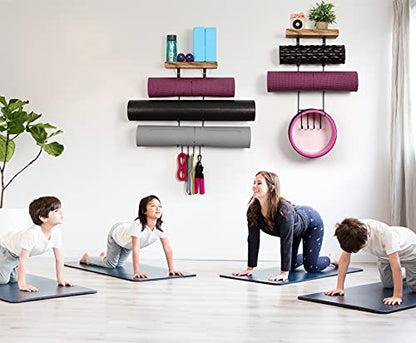 2 PACK Yoga Mat Holder Wall Mount Yoga Mat Storage Shelf Rack Home Gym Accessories with Wood Floating Shelves and 4 Hooks for Hanging Foam Roller and Resistance Bands Home Gym Carbonized Black - color: 2 Pack Carbonized Black