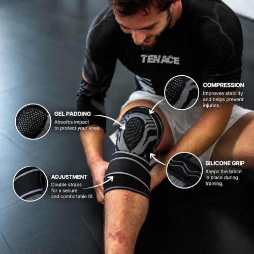 Tenace BJJ Knee Brace – Compression Knee Pad with Side Stabilizers & Gel Pad for Grappling, Jiu Jitsu, MMA, Wrestling, Judo & Muay Thai (1, Black, XX-Large) - color: Black, size: XX-Large
