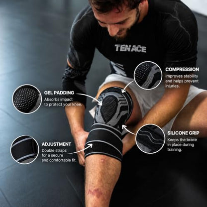 Tenace BJJ Knee Brace – Compression Knee Pad with Side Stabilizers & Gel Pad for Grappling, Jiu Jitsu, MMA, Wrestling, Judo & Muay Thai (1, Black, XX-Large) - color: Black, size: XX-Large
