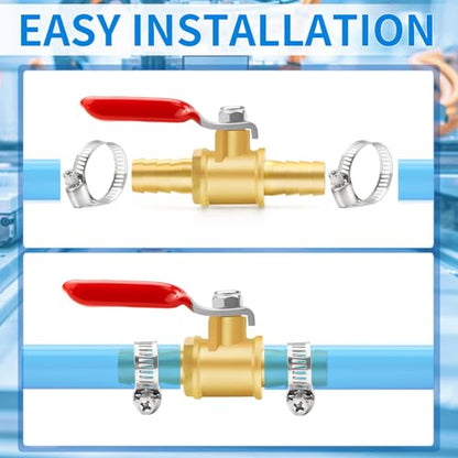 ChillWaves Brass Mini Ball Valve, Shut Off Switch Ball Valve 1/8" Barb with Hose Clamp for Water Air Systems(2-PACK)