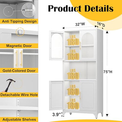 Metal Kitchen Pantry Storage Cabinet，75" Tall Storage Cabinets with 4 Doors and Adjustable Shelves ，White Hutch Cabinet with Microwave Stand,Large Kitchen Cupboard for Dining Room