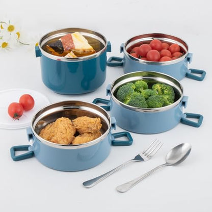 4 Tier Stackable Stainless Steel Lunch Box Sealed(blue, 4 layers) with spoon and fork - color: Blue, size: 4 layers
