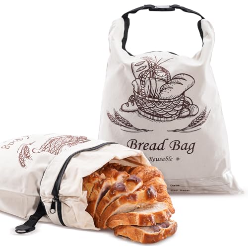 Puricon 2 Pack Reusable Beeswax Bread Bags for Homemade, Large Capacity Linen Sourdough Bags with Date Tracking Label, 12.4 x 16.5 inch Bee Wax Bread Storage Bag