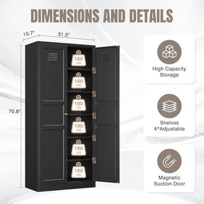 Metal Storage Cabinet with 2 Doors and 5 Adjustable Shelves - 71" Black Kitchen Pantry Storage Cabinet, 5-Tier Tall Steel Cabinet Locker for Kitchen, Living Room, Dining Room