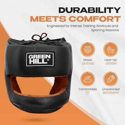 Green Hill Professional Boxing Headgear for Men & Women | Designed for boxing, MMA and Muay Thai with durable leather, protective padding and a secure fit for sparring. - size: Medium