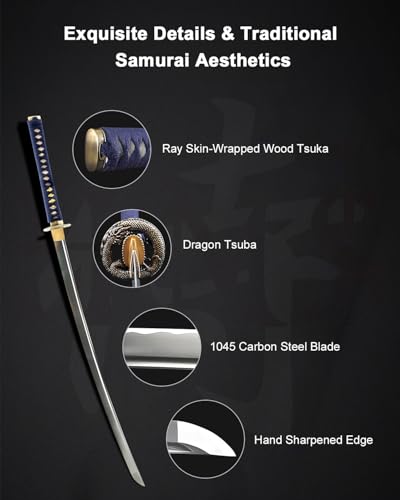 Katana Samurai Sword for Display, Hand Forged Full Tang 1045 Carbon Steel - style: Dragon