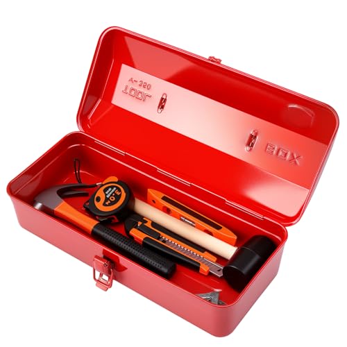 Large Metal Tool Storage Box with Handle for Workshop,15 inches Portable Tool Case with Lid，Locking Organiser Box for Hardware Part(red) - color: red
