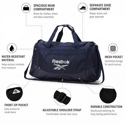 Reebok Lightweight Unisex Carry On Gym Duffle Bag for Men & Women, Sports - color: Cade - Navy Silver