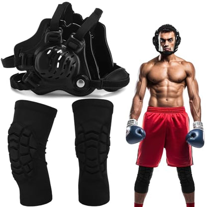 Lewtemi Wrestling Headgear Knee Pads Set Including Adjustable Thick Wrestling Ear Guard and Protective Anti-Slip Knee Pads for Sparring Brazilian Jiu Jitsu Training - size: L Size