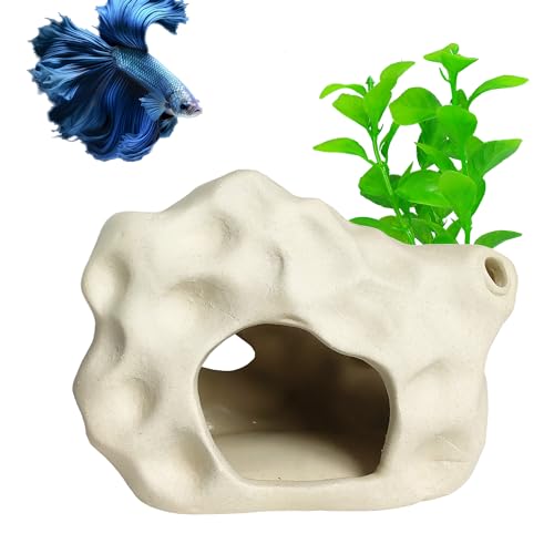 Aquarium Decor Rock Cave for Fish Shrimp Turtle Crab, Betta Fish Tank Decorations Ceramic Hiding Stone, Fish Bowl Landscape Rock with Plastic Plant