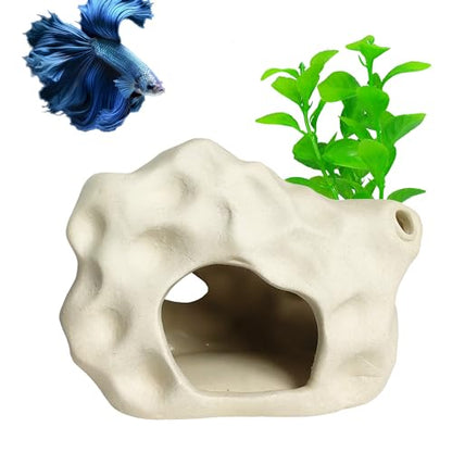 Aquarium Decor Rock Cave for Fish Shrimp Turtle Crab, Betta Fish Tank Decorations Ceramic Hiding Stone, Fish Bowl Landscape Rock with Plastic Plant