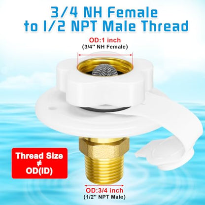 RV City Water Inlet with Check Valve, RV Fresh Water Inlet Replacement, Lead-free Brass 3/4 NH Female to 1/2 NPT Male, RV Water Inlet Connection for RV Camper Motorhome Trailer Marine, White - color: White
