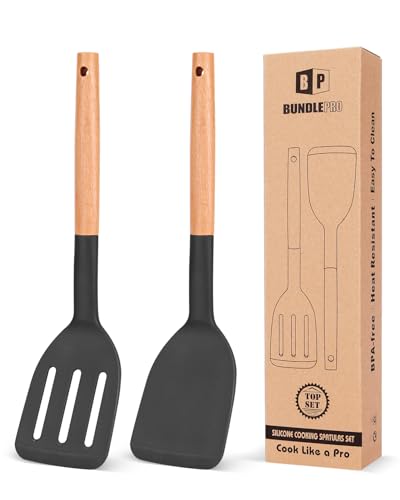 Pack of 2 Silicone Cooking Spatula, Heat Resistant Solid Turner, Non Stick Slotted Spatulas with Wooden Short Handle,Ideal Wood Kitchen Utensils Set for Frying, Baking, Flipping, Turning