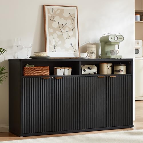 LEYAOYAO Fluted Buffet Cabinet with Storage, 55" Wide Wood Sideboard Credenza with 4 Doors & Open Storage Shelf, Modern Kitchen Console Accent Cabinets, Coffee Bar Table for Dining Room, Black Oak - color: Black Oak, size: 15.35"D x 55.12"W x 31.89"H（4 do