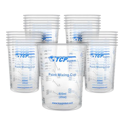 TCP Global 20 oz. (600ml) Graduated Plastic Mixing Cups - Box of 25 - Disposable Plastic Measuring Cups for Liquids, Paints, Resin, Epoxy, Art, Kitchen - Ratios 2-1, 3-1, 4-1 ML