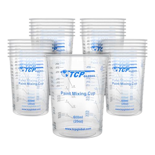 TCP Global 20 oz. (600ml) Graduated Plastic Mixing Cups - Box of 25 - Disposable Plastic Measuring Cups for Liquids, Paints, Resin, Epoxy, Art, Kitchen - Ratios 2-1, 3-1, 4-1 ML