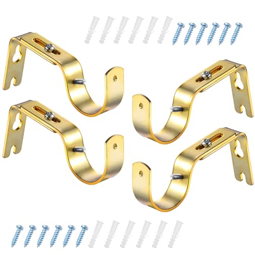 Frienda 4 Pcs Gold Curtain Rod Support Brackets Adjustable Curtain Rod Hangers for 1 Inch Diameter General Hardware Holders Wall Bracket Hanger Hooks with Screws