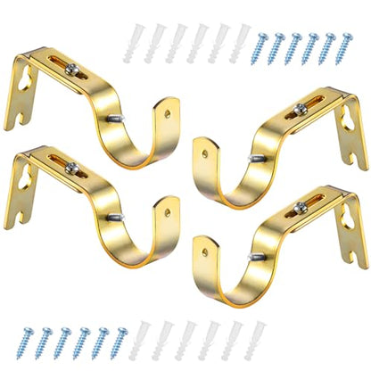 Frienda 4 Pcs Gold Curtain Rod Support Brackets Adjustable Curtain Rod Hangers for 1 Inch Diameter General Hardware Holders Wall Bracket Hanger Hooks with Screws