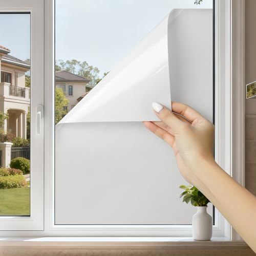 Frosted Window Film, Removable Glass Door Privacy Film, Suitable for Bathrooms, Offices, Static Cling Decorative Film, Reusable Window Stickers (White, 23.6X196.9 Inch)