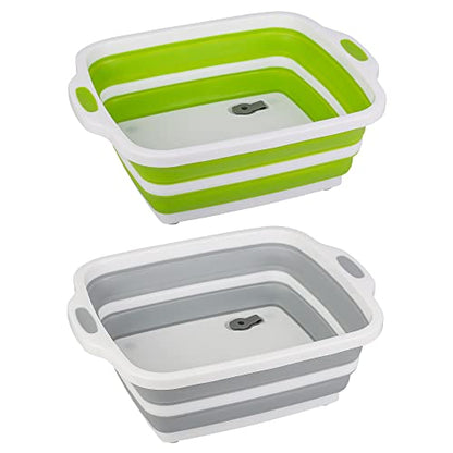 2 Pack Collapsible Cutting Board, Foldable Dish Tub with Draining Hole, Portable Chopping Board with Colander, 3 in 1 Multifunction Camping Sink for Washing Dish, Bowl, Vegetables and Fruit - color: White/Green and White/Grey