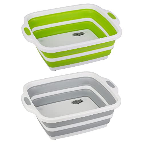 2 Pack Collapsible Cutting Board, Foldable Dish Tub with Draining Hole, Portable Chopping Board with Colander, 3 in 1 Multifunction Camping Sink for Washing Dish, Bowl, Vegetables and Fruit - color: White/Green and White/Grey