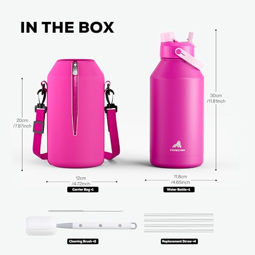 POWCAN 64 oz Insulated Metal Water Bottle for Women: 2-in-1 Straw & Spout Lid, Keep Cold 48H, Leakproof, Carrier Bag, Half Gallon Stainless Steel Water Bottle for Sports, Travel, and Fitness (Peony) - color: Peony