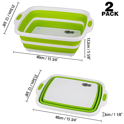 2 Pack Collapsible Cutting Board, Foldable Dish Tub with Draining Hole, Portable Chopping Board with Colander, 3 in 1 Multifunction Camping Sink for Washing Dish, Bowl, Vegetables and Fruit - color: White/Green and White/Grey