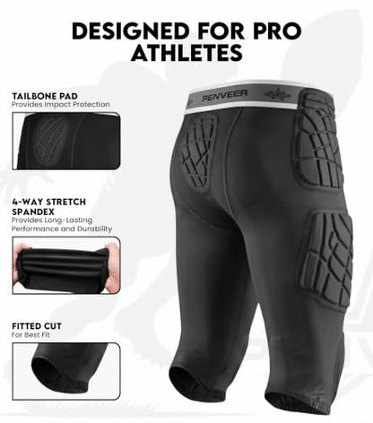 7 Pad Football Girdle Youth with Cup Pocket & Integrated Padding - color: Black, size: Large