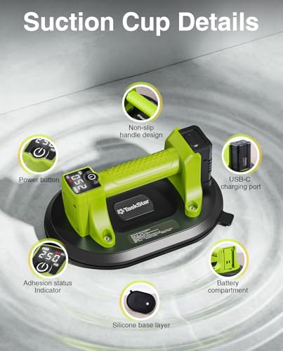 Taskstar Electric Suction Cup for Glass, 550LBS Max Load | 10" Tile Suction Cup Tool with 4X 3000mAh Batteries, LCD Display, Vacuum Lifter for Moving Mirror/Window/Stone/Metal - color: Gass Green