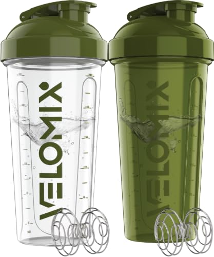VELOMIX 2 Pack 28oz Protein Shaker Bottle for Protein Mixes, Forest Green - color: C1) Green / Transparent