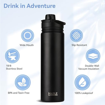 HASLE OUTFITTERS Insulated Water Bottle 22 oz Double Wall Stainless Steel Water Bottle Wide Mouth with Straw Lid & Spout Lid Keeps Cold or Hot(Black,1) - color: Black, size: 22 Ounces