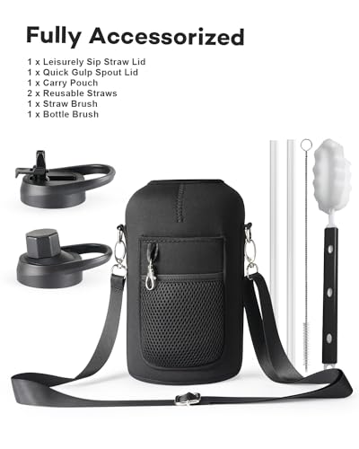 Topre 64oz Water Bottle Insulated with Handle,Double-Wall Vacuum Stainless Steel (Cold for 48 Hrs), Half Gallon Water Jugs,Reusable Metal Water Flask with Carry Pouch,Straw & Spout Lid,Indigo Black - color: Indigo Black with Handle, size: 64 Ounces