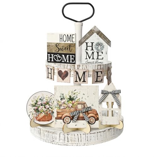 Smile 9pcs Indoor Wooden Decor, Truck Floral Home Sweet Home Rustic Farmhouse Tiered Tray Set Home Decor for Kitchens (Without Trays) - style: Retro